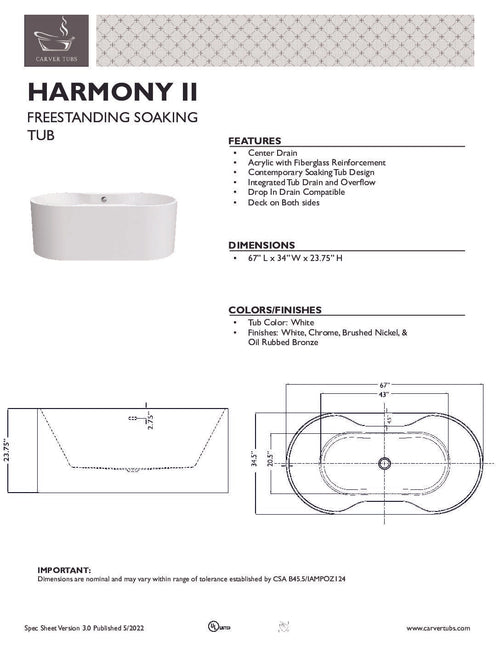 Harmony II 67” Freestanding Deck Mount Faucet Soaking Tub